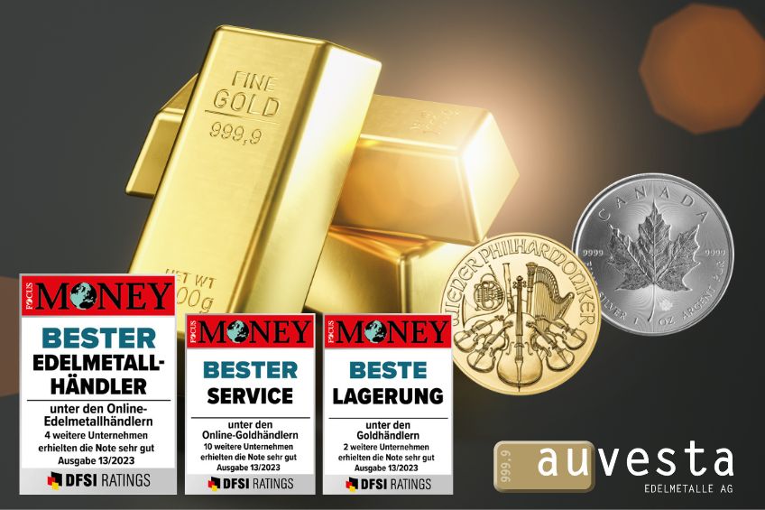 Sehr gut für Auvesta im neuen großen FOCUS MONEY-Edelmetallhändlertest 2023 - bester Edelmetallhändler, bester Goldhändler, bester Silberhändler, bester Service, bester Goldankäufer, beste Lagerung, bester Goldbarrenhändler
